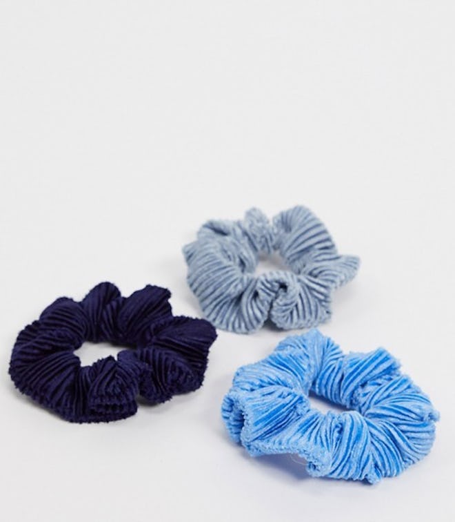 Pack of 3 Pleated Velvet Scrunchies in Blue Tones