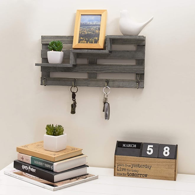 MyGift Wood Wall-Mounted Stair Display Shelf With Key Hooks