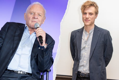 A side by side of Anthony Hopkins with a microphone wearing a suit and johnny flynn wearing a suit, ...