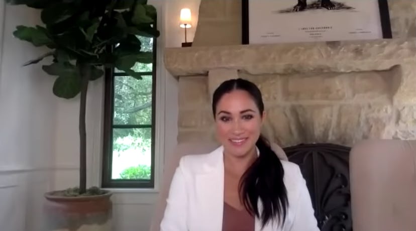 Markle wore a chic long and low ponytail during the video call.