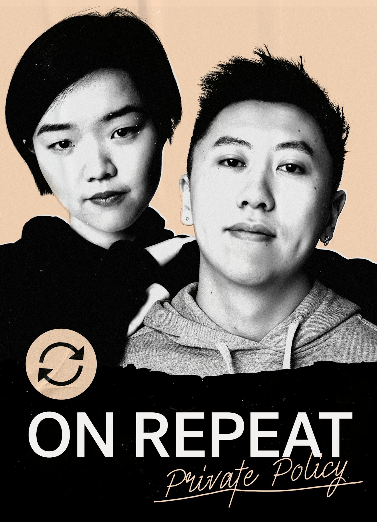 designer duo Haoran Li and Siying Qu standing next to each other with the on repeat logo beneath the...
