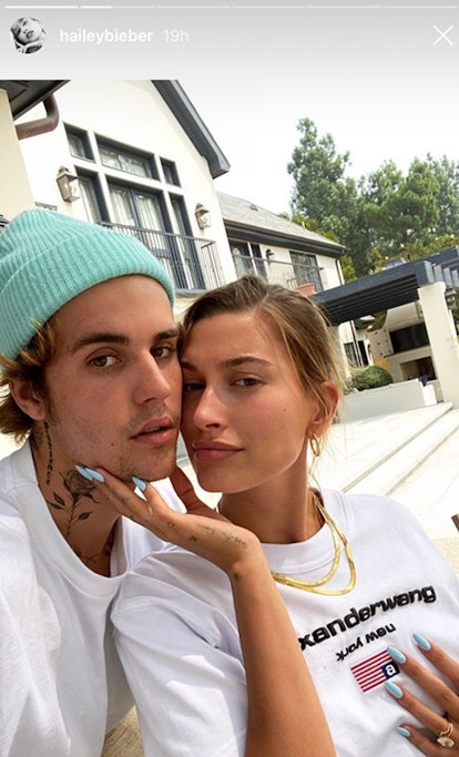 Bieber wore baby blue nail polish on an outing with her husband.