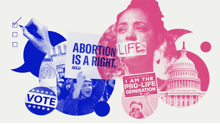 A collage with protest photos, and signs reading "VOTE", "Abortion is a right" and "I am the pro-lif...