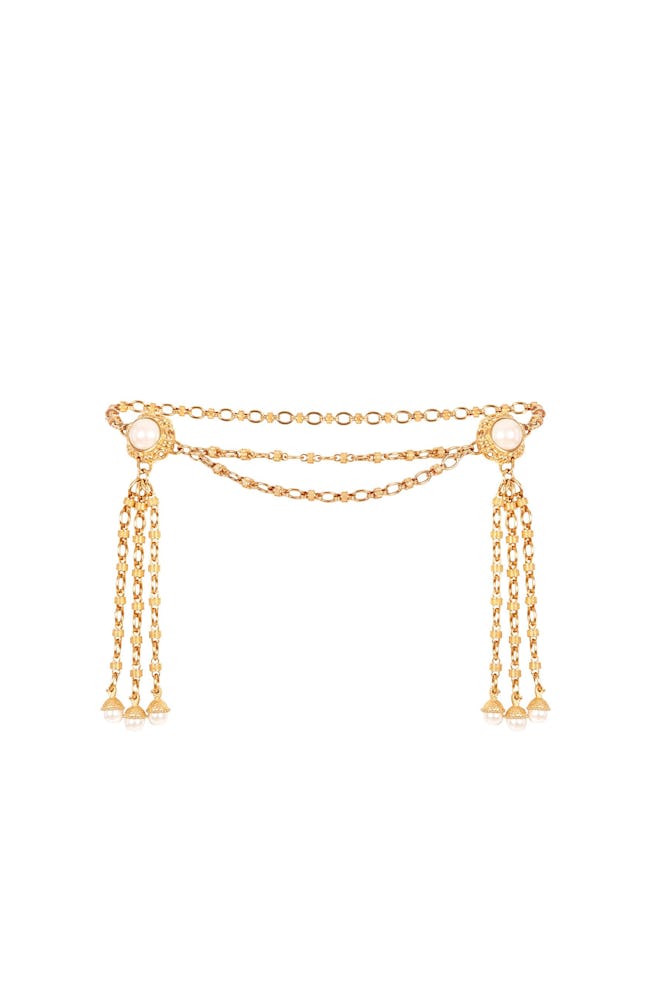 Faustina Double Pearl Tassel Embellished Chain Belt