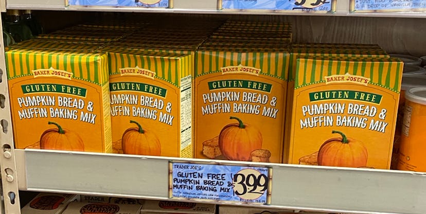 An image of boxes of pumpkin muffin mix on a shelf.