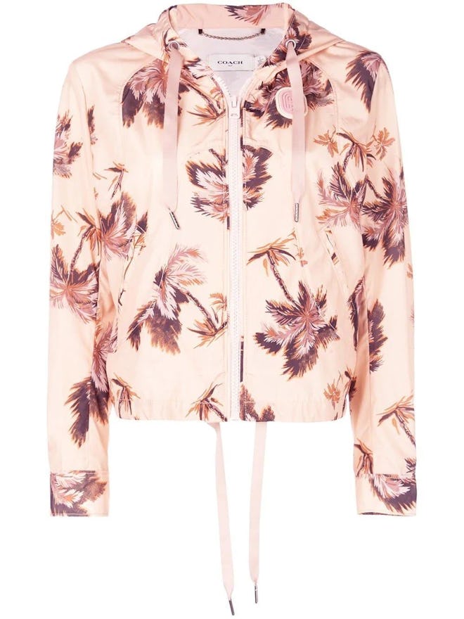 Beige Floral Print Hooded Jacket