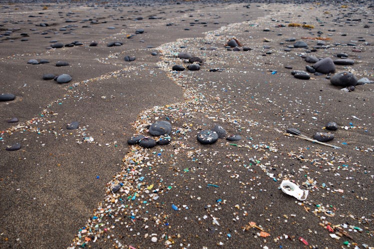 A beach shore with various plastic objects that are polluting the environment