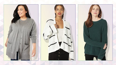 Three women wearing three styles of sweaters