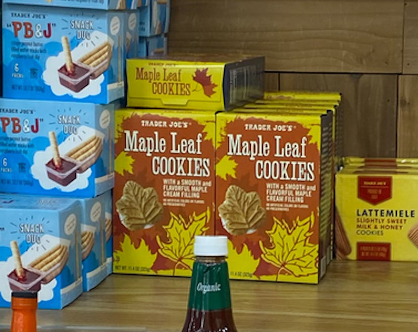 An image of four boxes of maple cream leaf cookies.