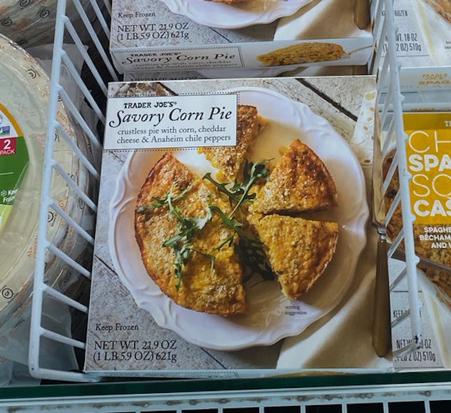An image of a box of frozen Trader Joe's Corn pie. 