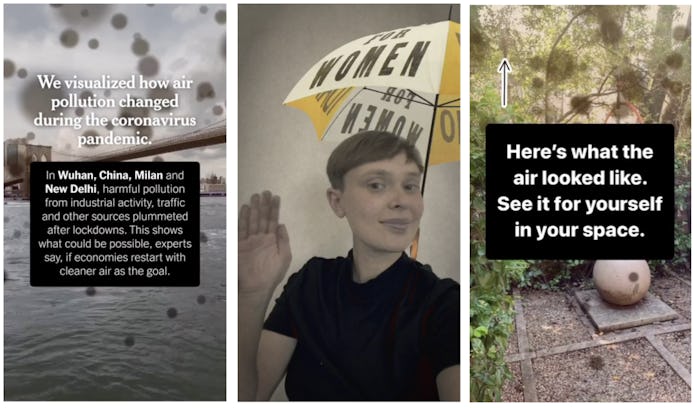 Three side by side screenshots of New York Times and Facebook's augmented reality series, depicting ...