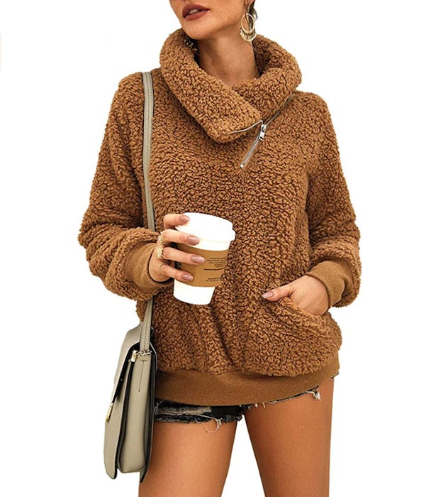 KIRUNDO Women’s Sweatshirt Faux Shearling Pullover Zip Up with Pockets
