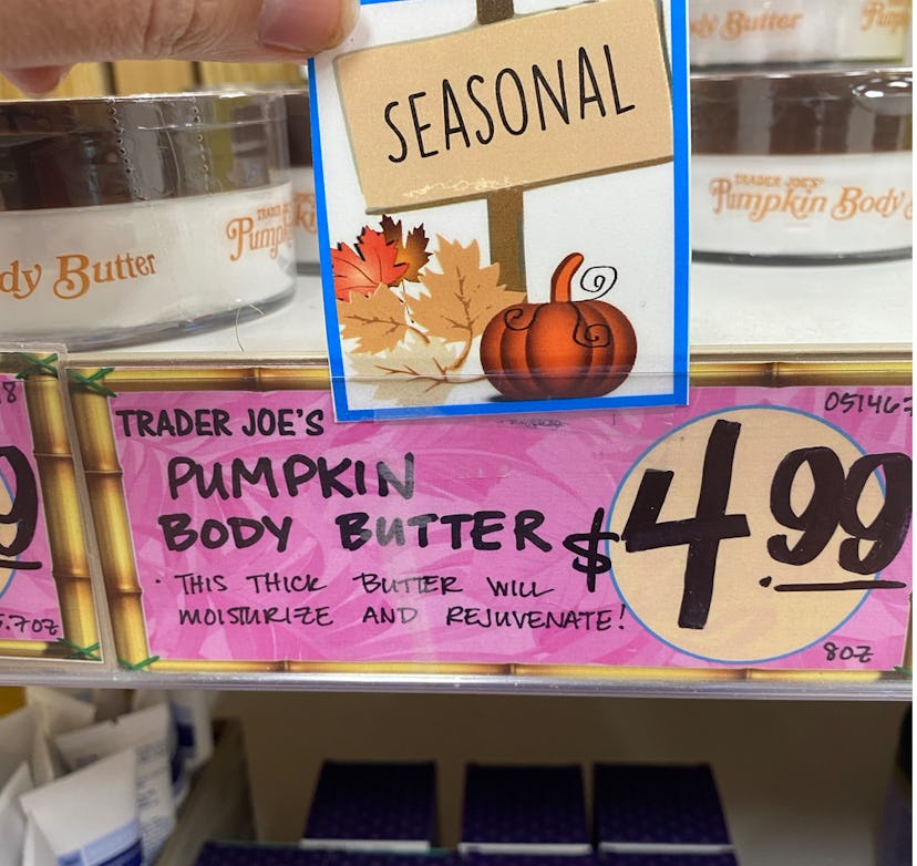 An image of a price tag for pumpkin body butters reading $5.