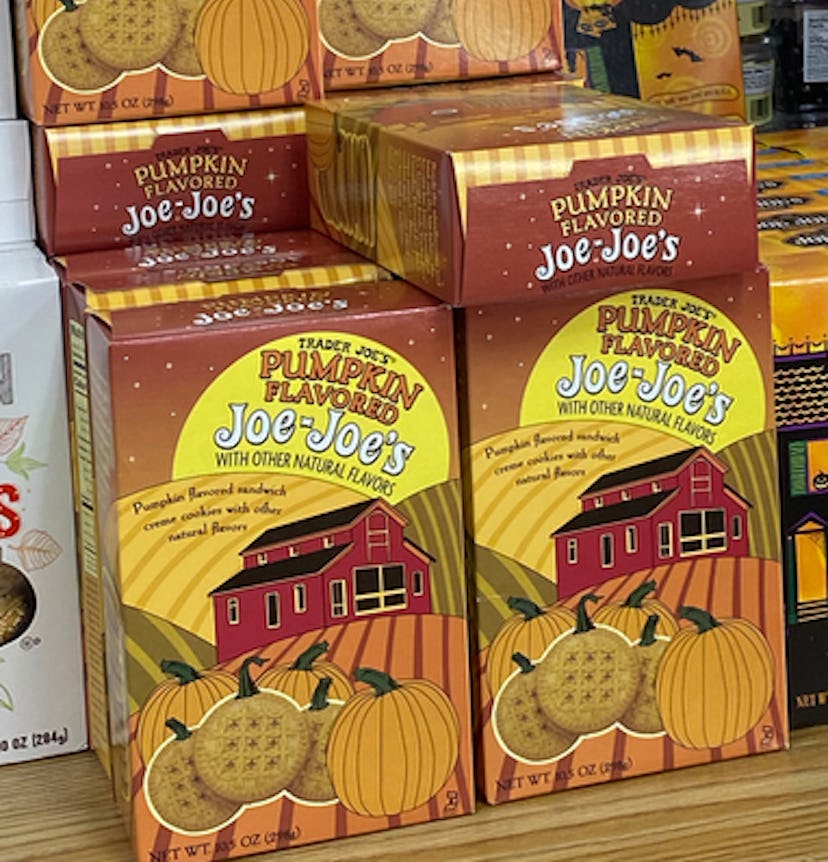 About 8 boxes of pumpkin flavored Joe Joe cookies on a shelf.