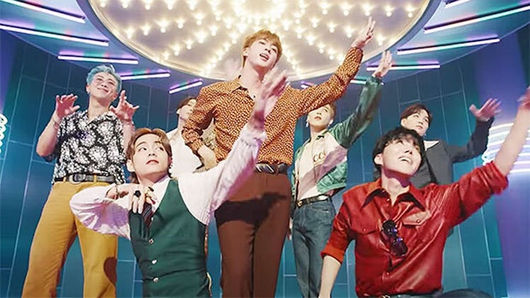 An idea for BTS 2020 Halloween costumes is their retro "Dynamite" outfits.