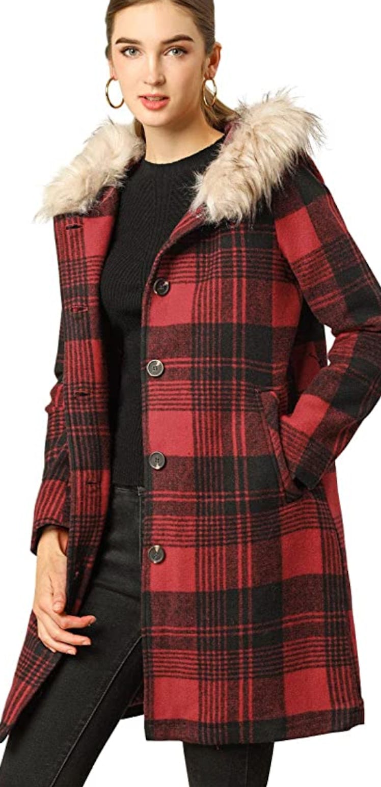 Allegra K Red Plaid Trench Coat 