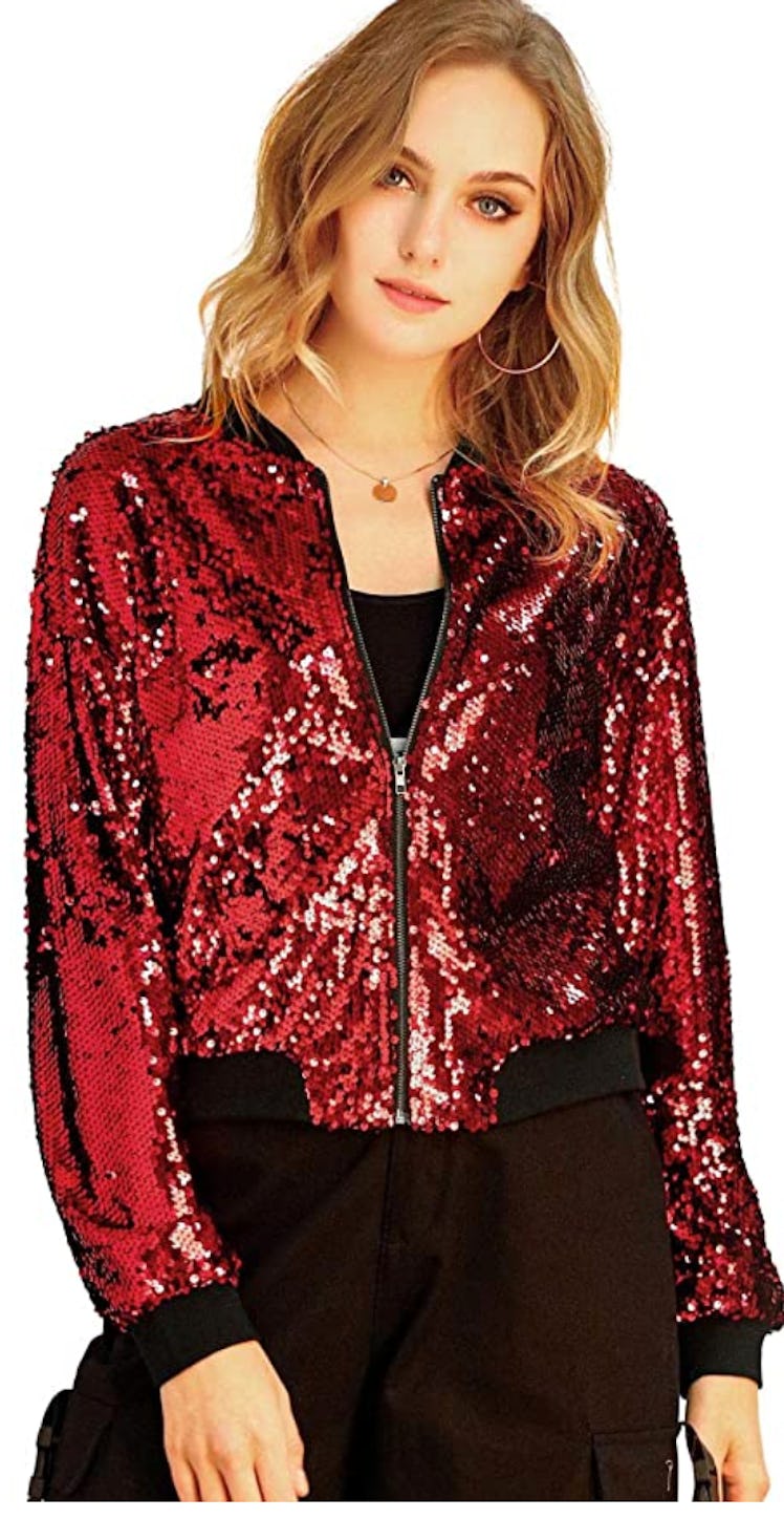 Allegra K Red Sequin Bomber Jacket