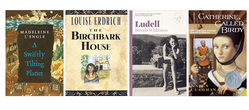 Covers of "A Swiftly Tilting Planet", "The Birchbark House", "Ludell", and "Catherine, Called Birdy"...