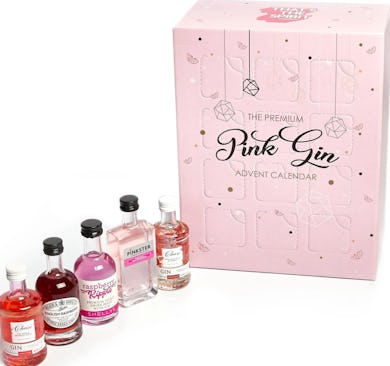 A pink gin advent calendar with mini pink gins pictured next to it