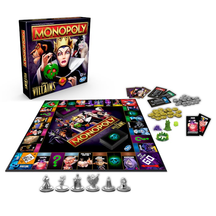 An image of a dark Monopoly set with all the pertinent Disney villains on the center and at the peri...