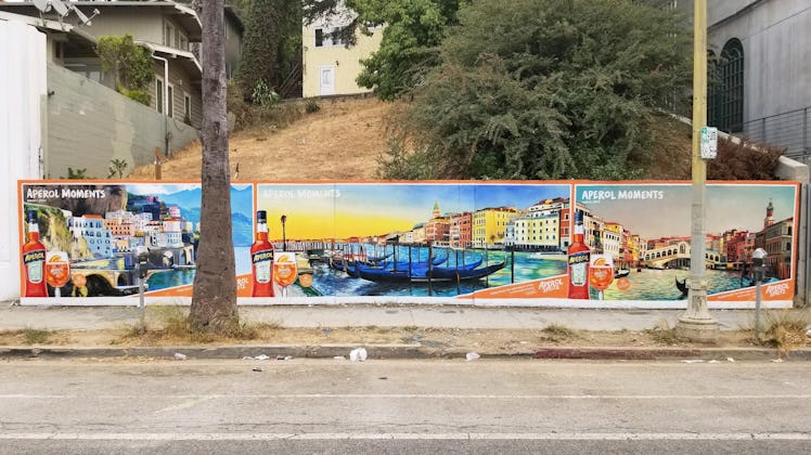 A wall in Los Angeles is painted with an Aperol Spritz mural. 