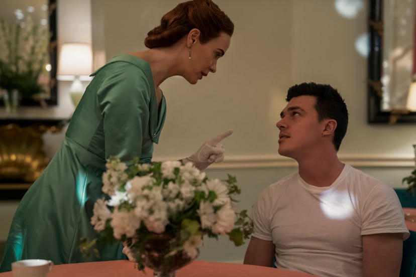 Sarah Paulson as Mildred and Finn Wittrock as Edmund on Ratched via the Netflix press site.