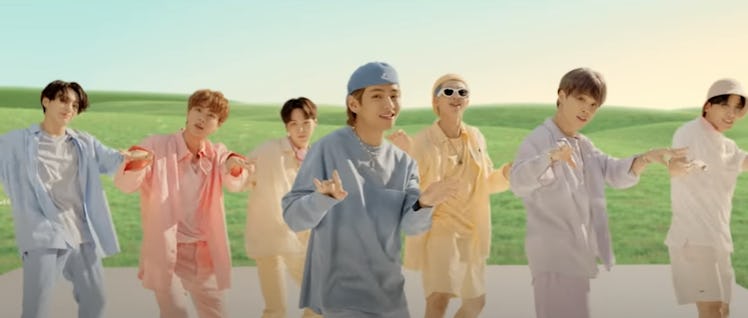 An idea for BTS 2020 Halloween costumes is their pastel boyband outfits, as seen in the group's "Dyn...