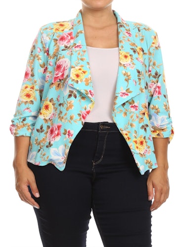 Moa Collection Women's Plus Size Print Floral 3/4 Sleeve Loose Fit Open Front Blazer Jacket