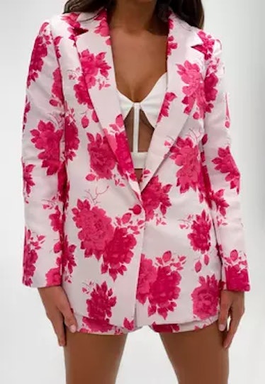 Missguided Pink Co Ord Floral Jacquard Blazer