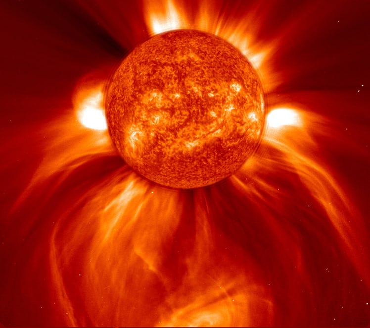A coronal mass ejection captured in 2002, showing over a billion tons of matter being sent out into ...