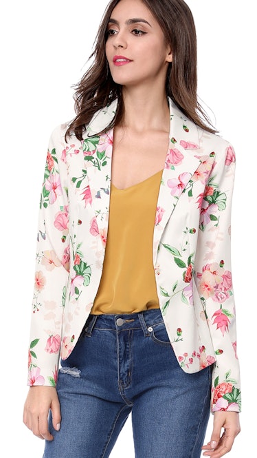 Unique Bargains Women's Floral Notched Lapel Open Front Blazer Jacket