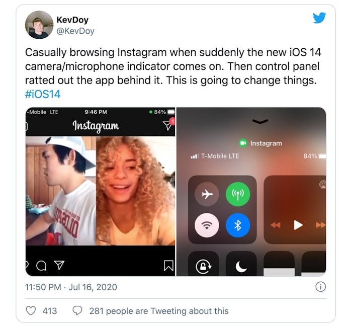 Tweet screenshot of Instagram activating camera recording light