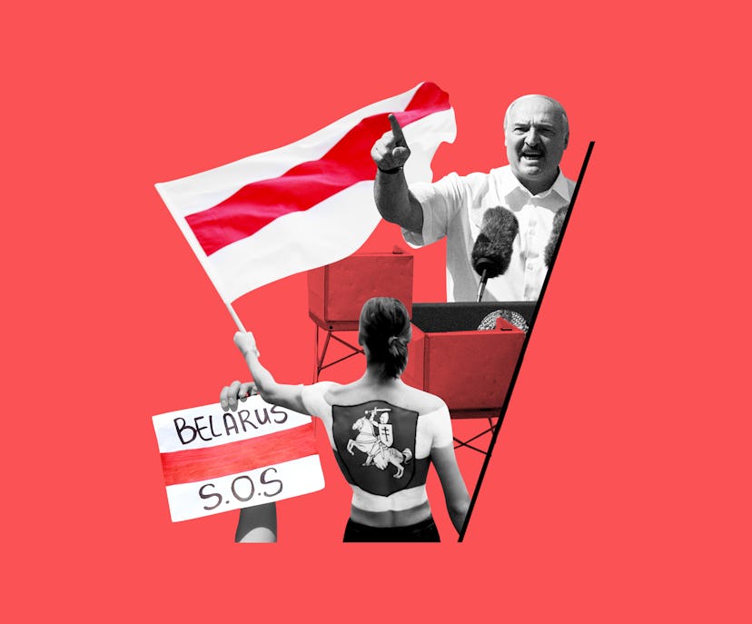 A collage with a woman holding the flag of Belarus represents the protests in this country.
