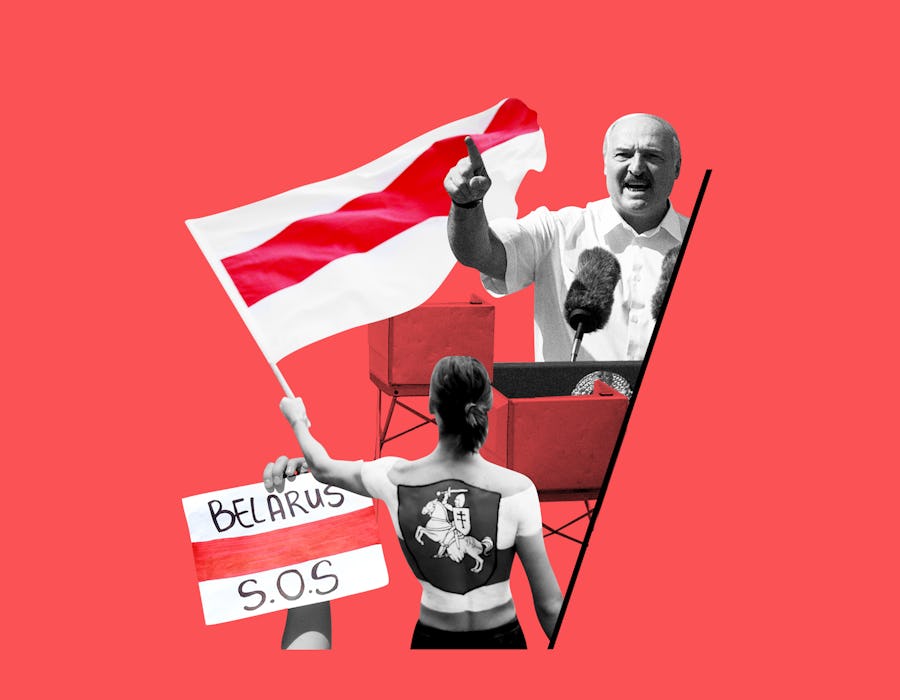 A collage with a woman holding the flag of Belarus represents the protests in this country.