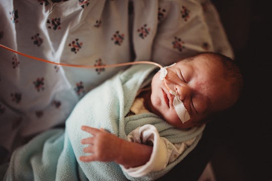 baby in nicu swaddled in mom's arms