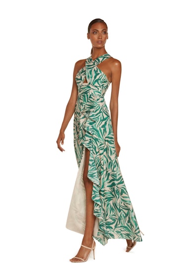 Kathy Halter Maxi Dress in Teal Zebra Silk Cotton Voile with High Slit