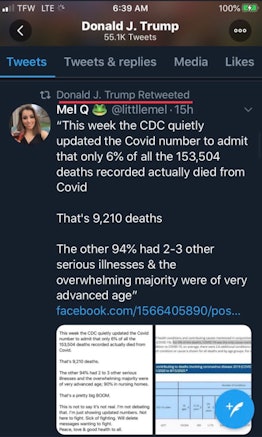A tweet of QAnon conspiracy theory suggesting that coronavirus deaths are being over reported retwee...