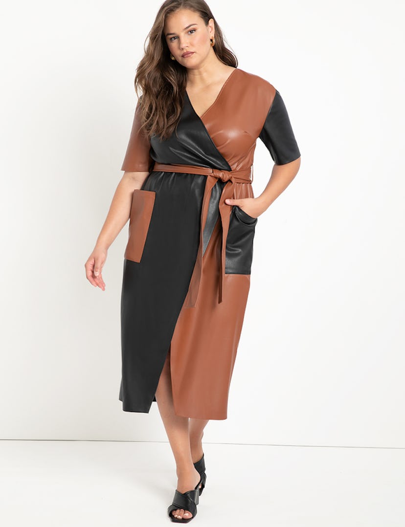 Colorblocked Faux Leather Wrap Dress