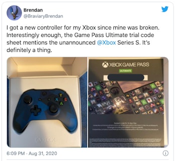 A screenshot of @BraviaryBrendan's tweet, with packaging that mentions the Xbox Series S.