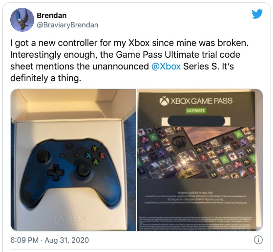 A screenshot of @BraviaryBrendan's tweet, with packaging that mentions the Xbox Series S.