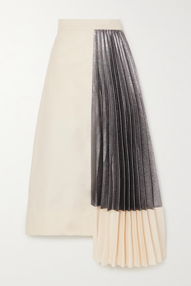 Hermes Asymmetric Pleated Cotton and Lamé Midi Skirt