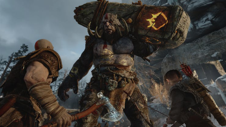 Kratos from 'God of War' facing a giant 