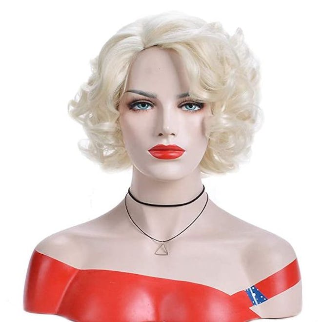 BERON Short Curly Blonde Wig Natural Wavy Wig for Halloween Cosplay Costume Party Come with Wig Cap ...