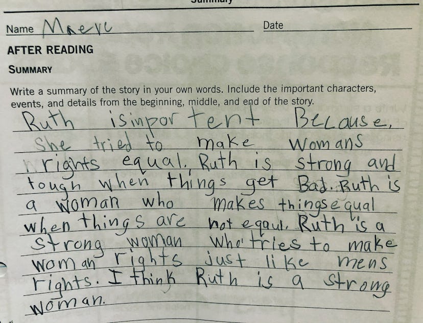 Maeve's worksheet reads, "“Ruth is important because she tried to make women’s rights equal. Ruth is...