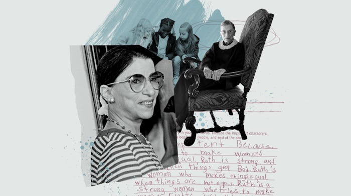 An illustration of Ruth Bader Ginsberg and some text from Maeve's essay on her idol, including the w...