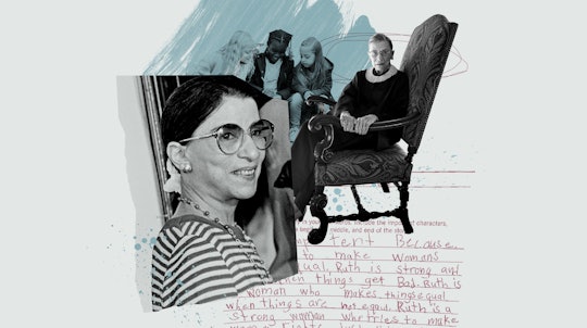 An illustration of Ruth Bader Ginsberg and some text from Maeve's essay on her idol, including the w...
