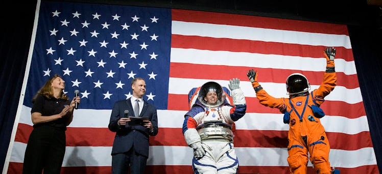 The spacesuits NASA plans to deploy on Artemis missions, unveiled in 2019.