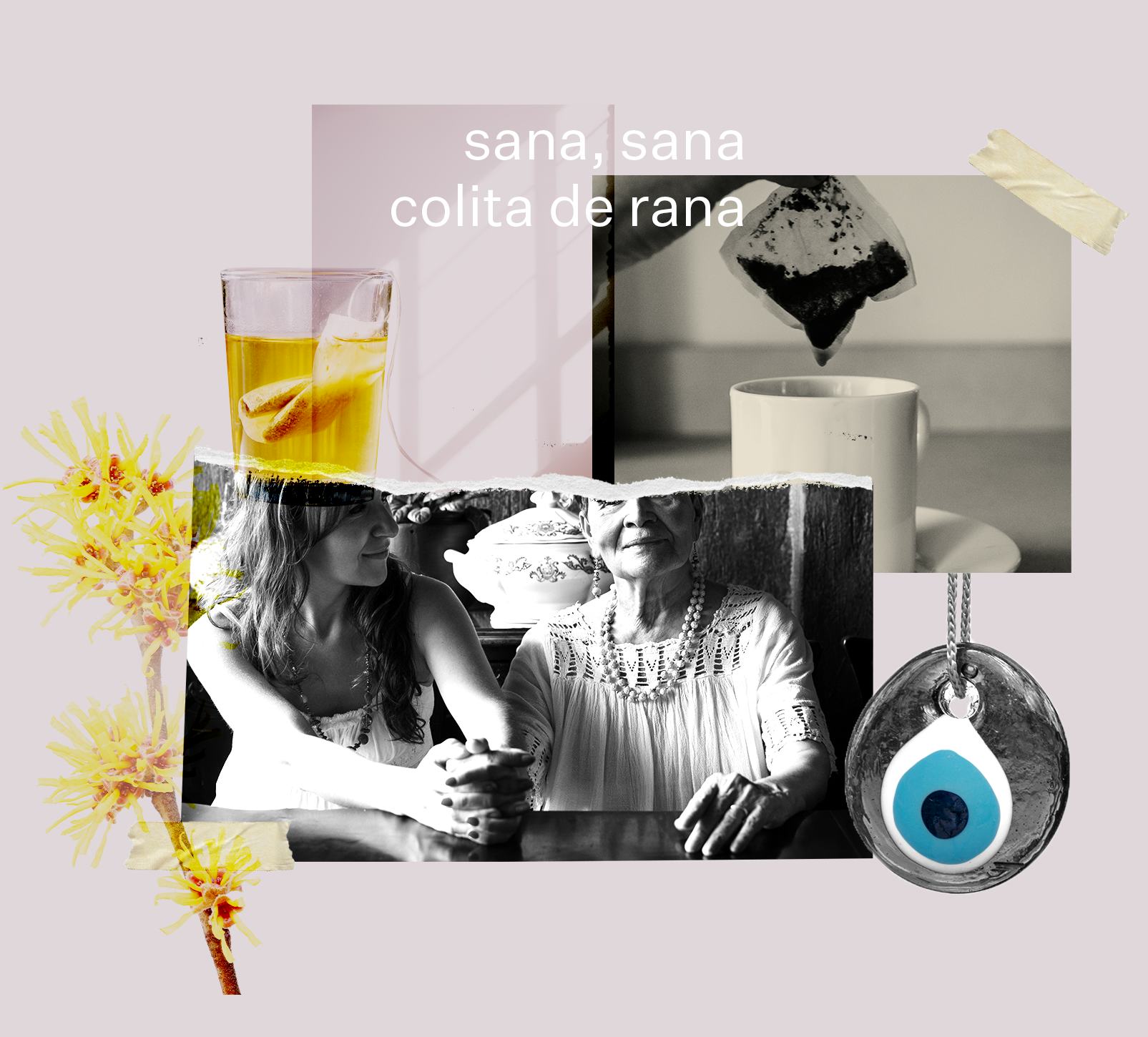 A collage of the Latinx wellness practices: an evil eye, flowers, tea, and an abuela cooking with yo...