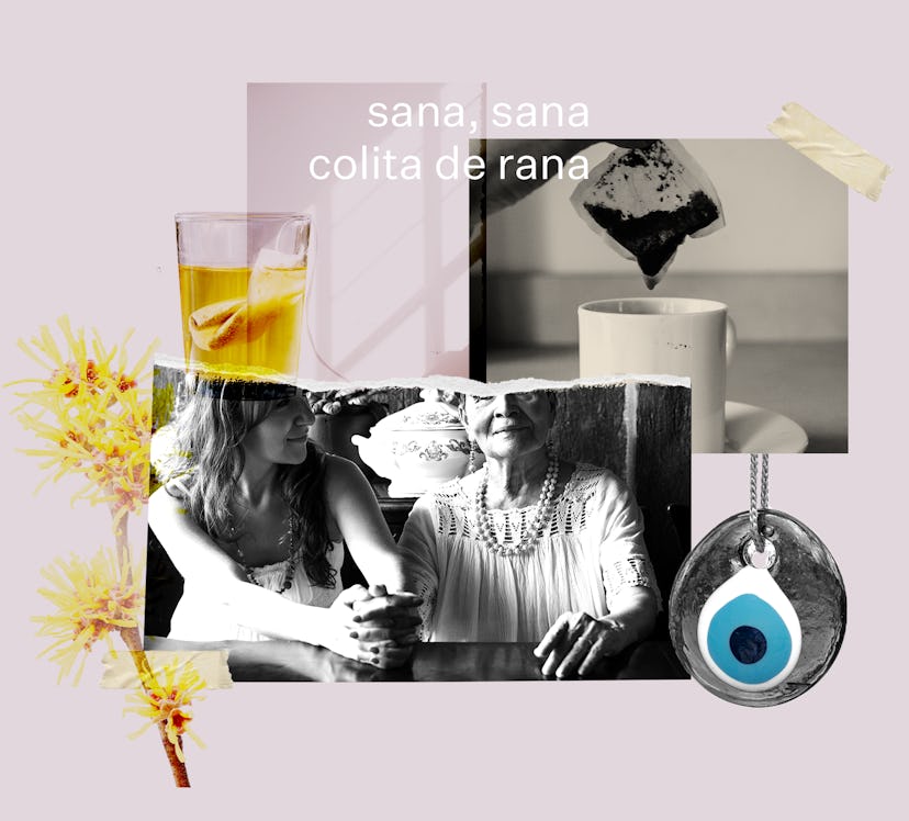 A collage of the Latinx wellness practices: an evil eye, flowers, tea, and an abuela cooking with yo...