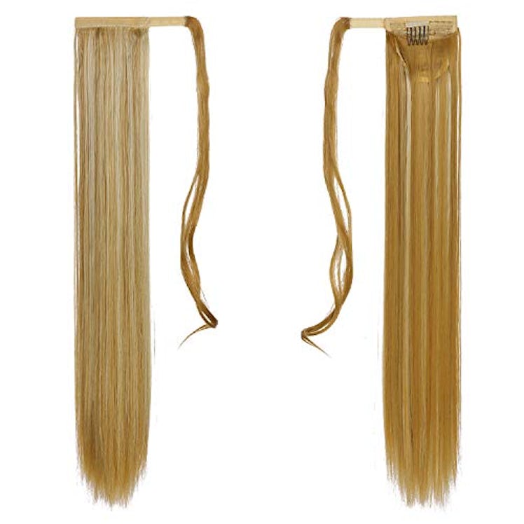 SARLA Straight Long Ponytail Hair Extension Clip in Golden Mix Beach Blonde Wrap Around Synthetic Fa...